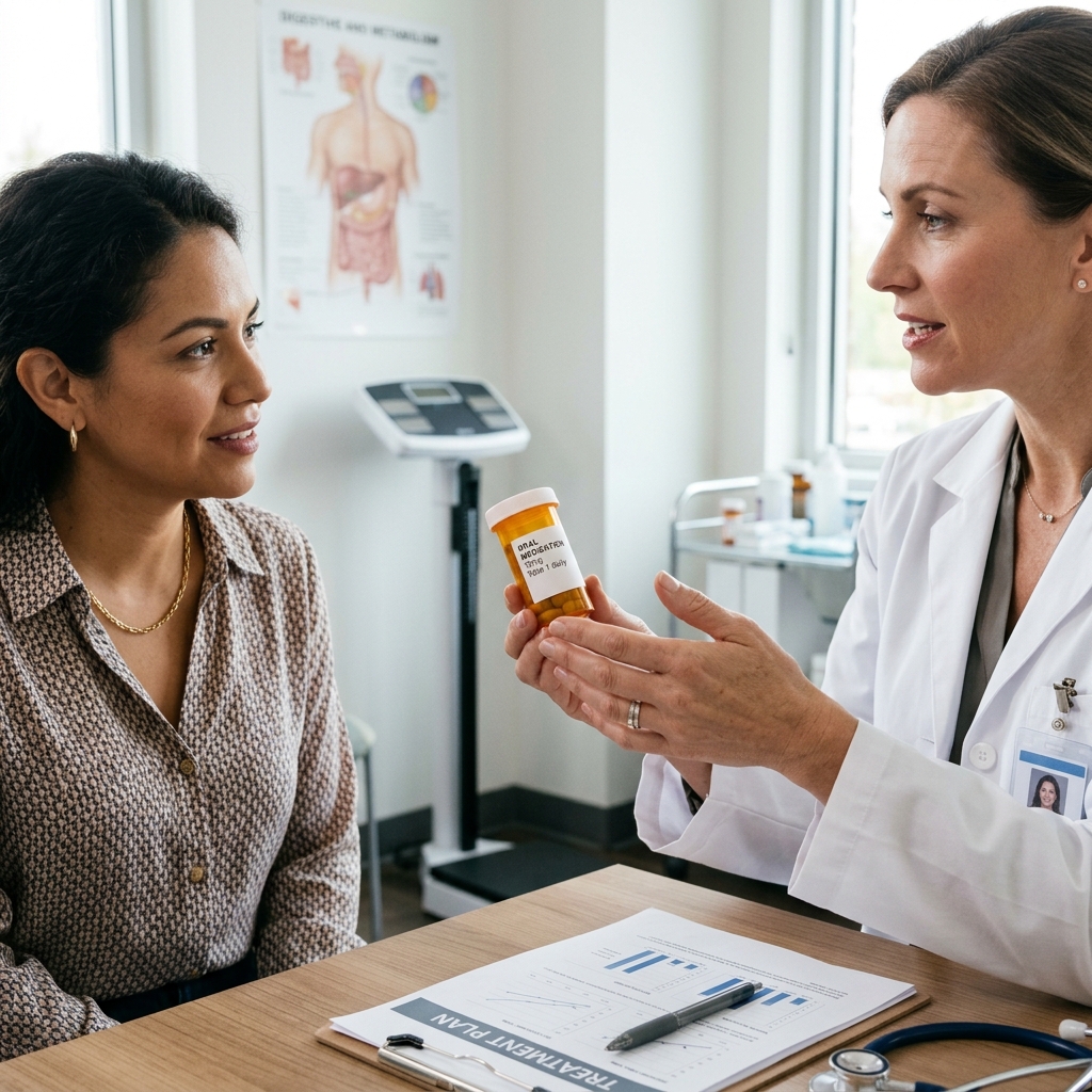 A healthcare provider holding an oral medication bottle during a patient consultation.
