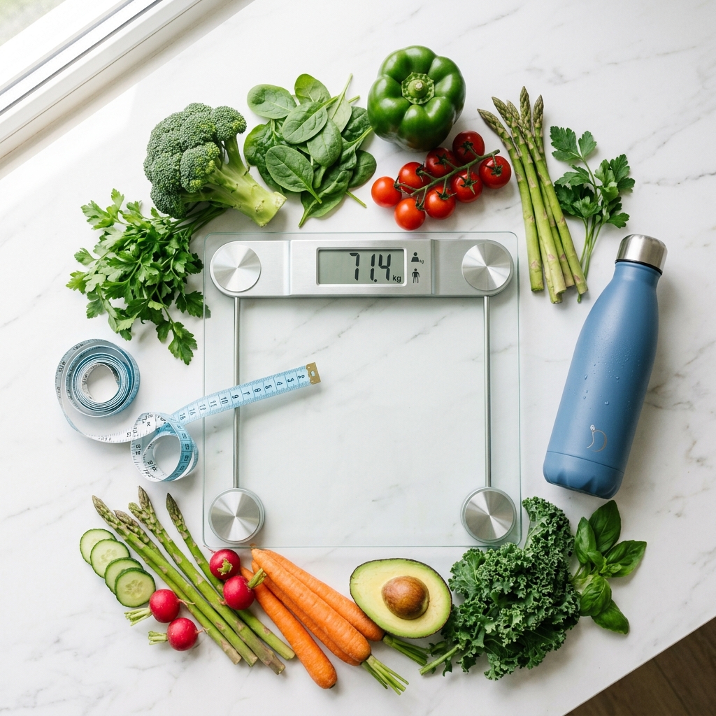 A digital scale surrounded by fresh vegetables, a water bottle, and a measuring tape on a marble surface.