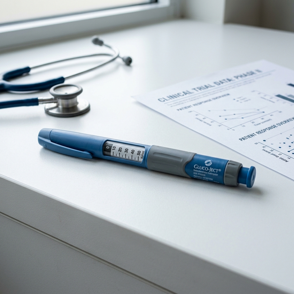 Subcutaneous injection pen on a clinical surface alongside medical documents showing trial data