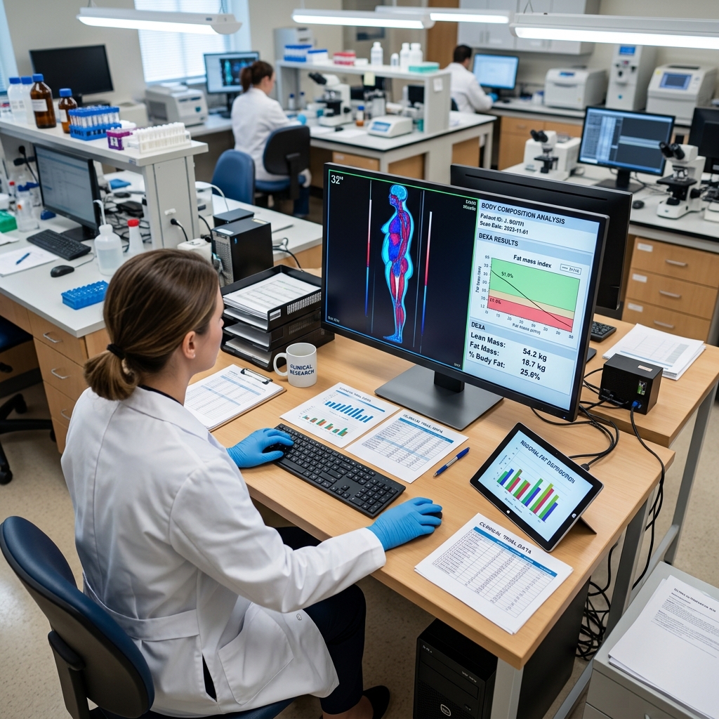 Researcher reviewing body composition scan data on a monitor in a clinical laboratory