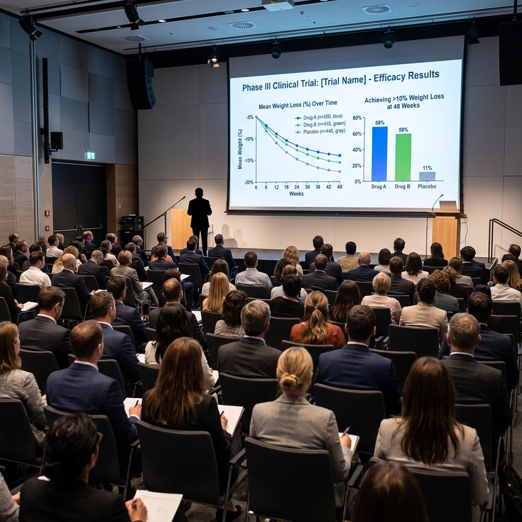 Medical conference audience viewing clinical trial data presentation on a large screen
