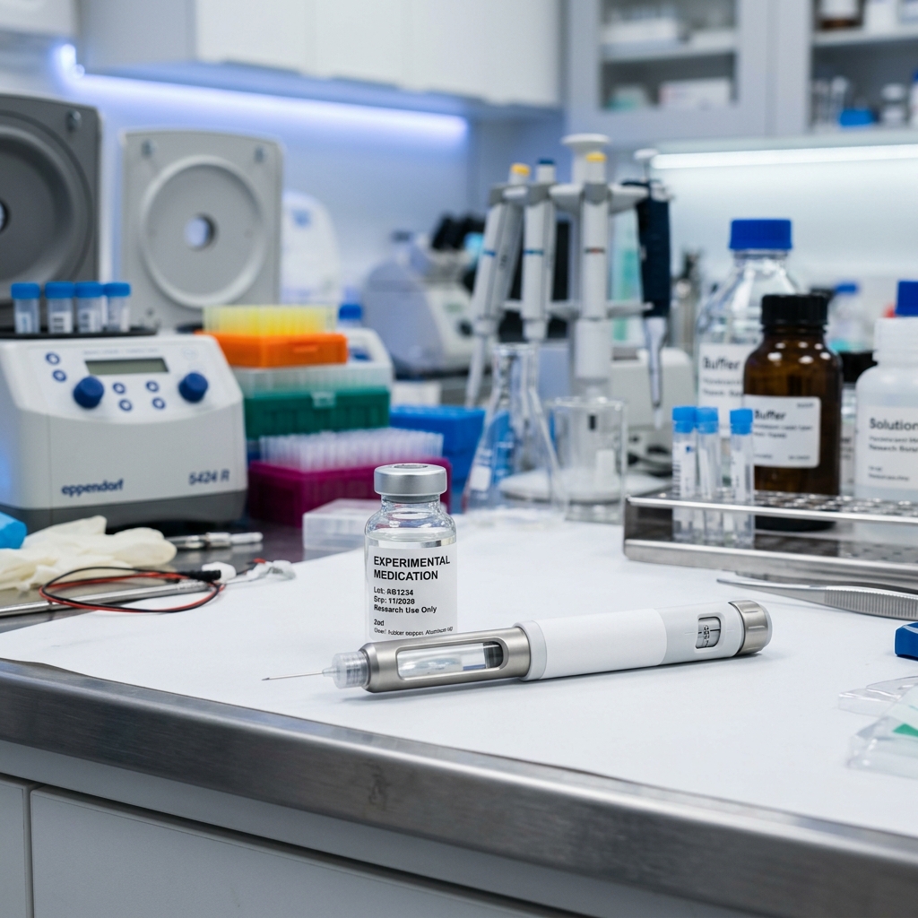 A sterile medical injection pen and glass vial on a laboratory workbench, representing clinical trials for new weight loss treatments.