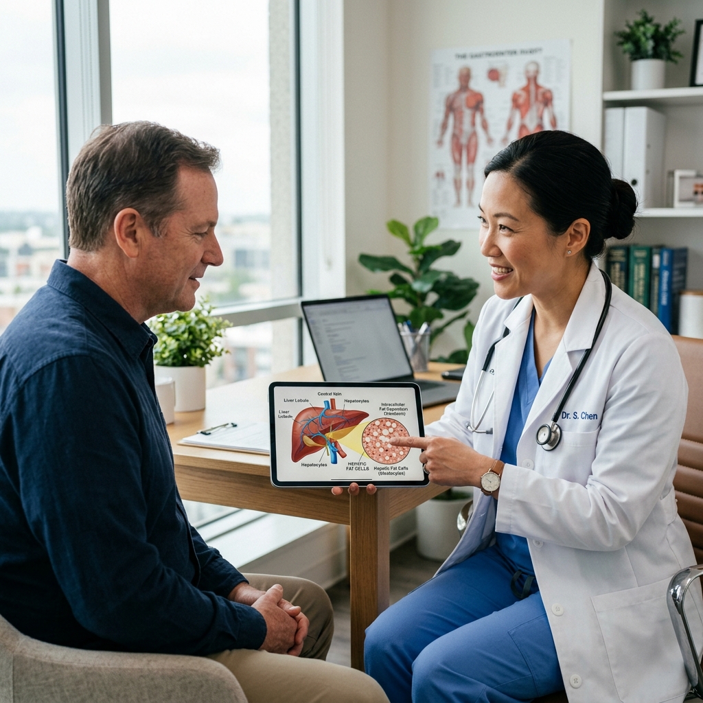 A medical doctor showing a patient a liver anatomy diagram on a tablet during office consultation.