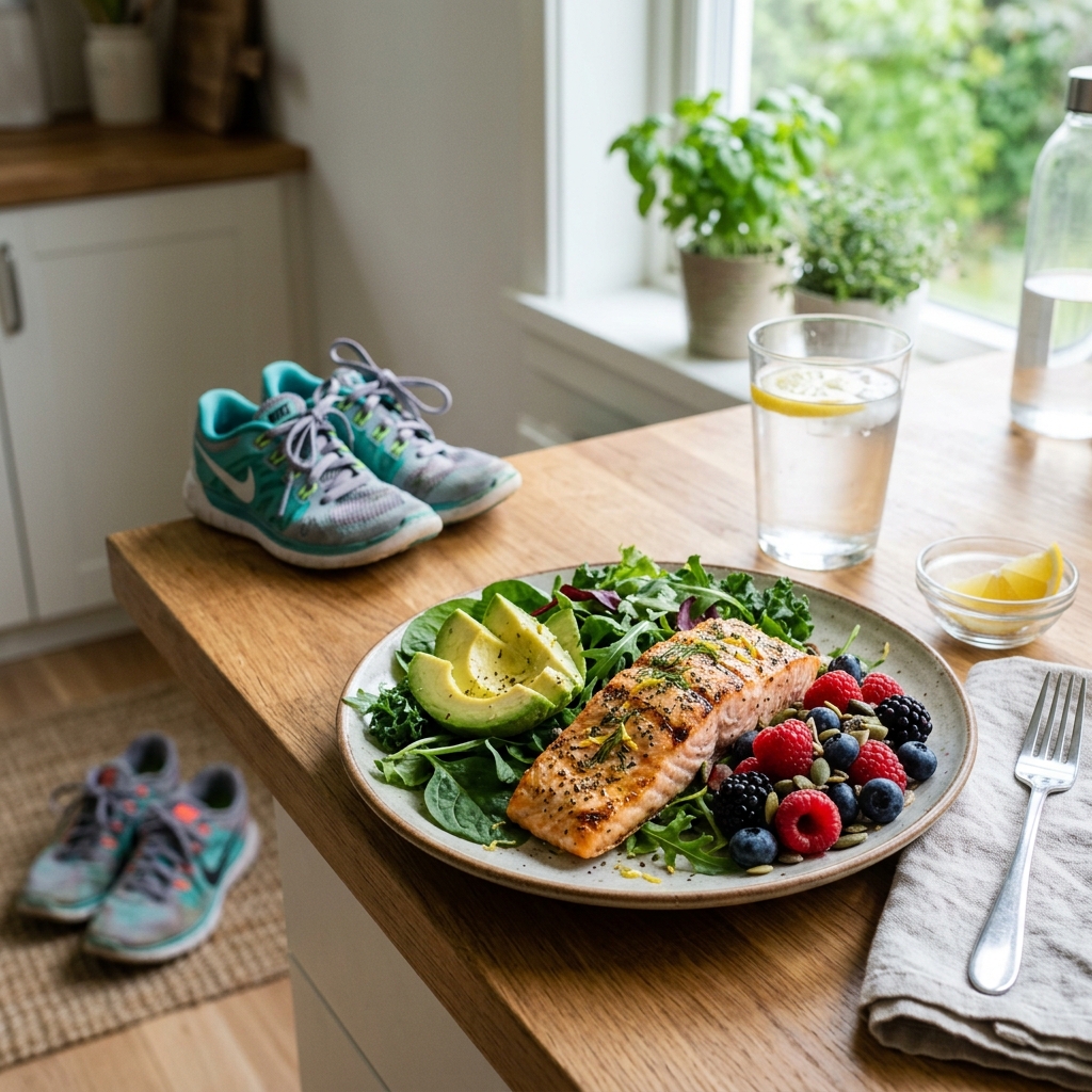 A healthy meal of salmon, avocado, and greens on a kitchen counter, representing metabolic health.