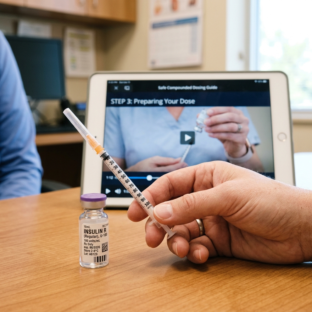 Patient holding a syringe and medicine vial next to a tablet displaying dosing instructions