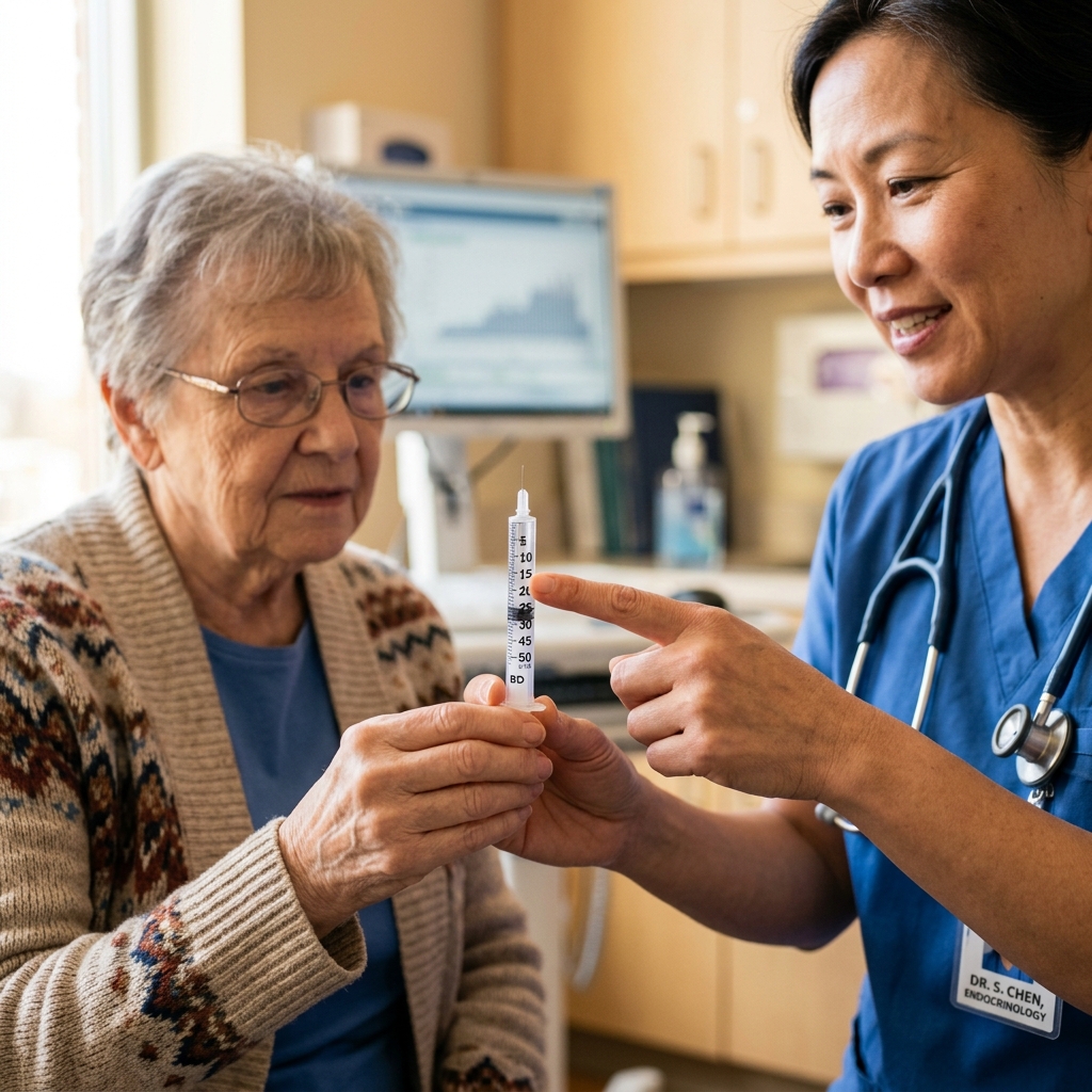 Doctor pointing to the units scale on a syringe for a patient