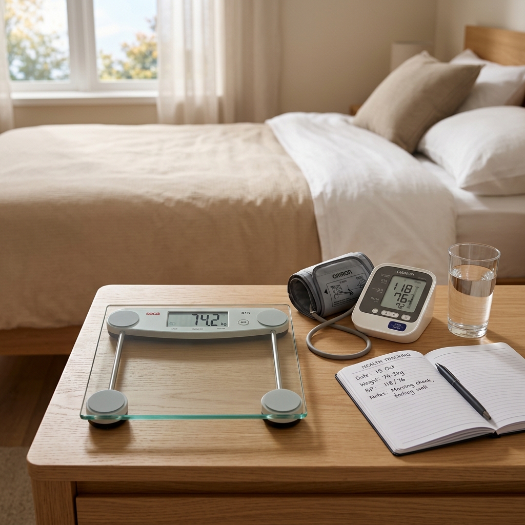 Medical scale and blood pressure monitor on a clean table