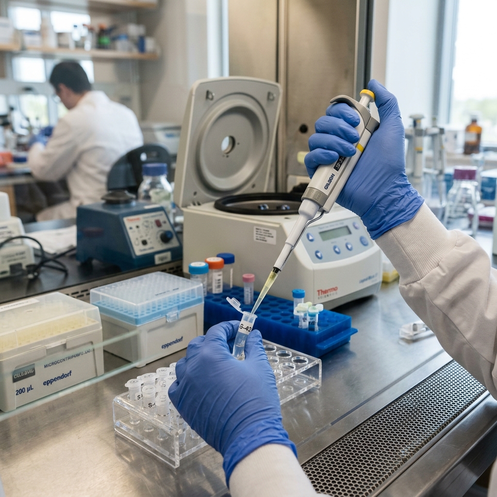 Scientist pipetting liquid in a clean laboratory biosafety cabinet.