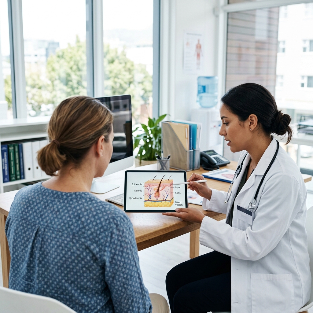 Healthcare provider showing skin layers diagram on a tablet to a patient.
