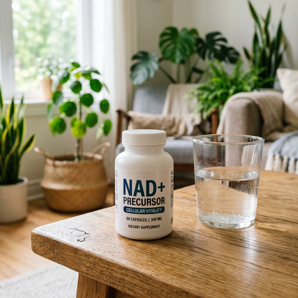 NAD+ precursor supplement bottle and glass of water on a table