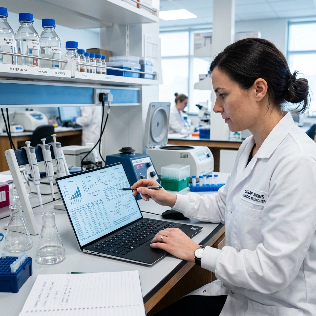 Clinical researcher reviewing scientific charts on a laptop in a lab