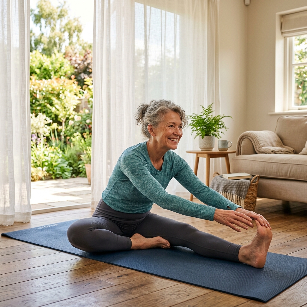 Active older woman stretching on a yoga mat in a sunny room