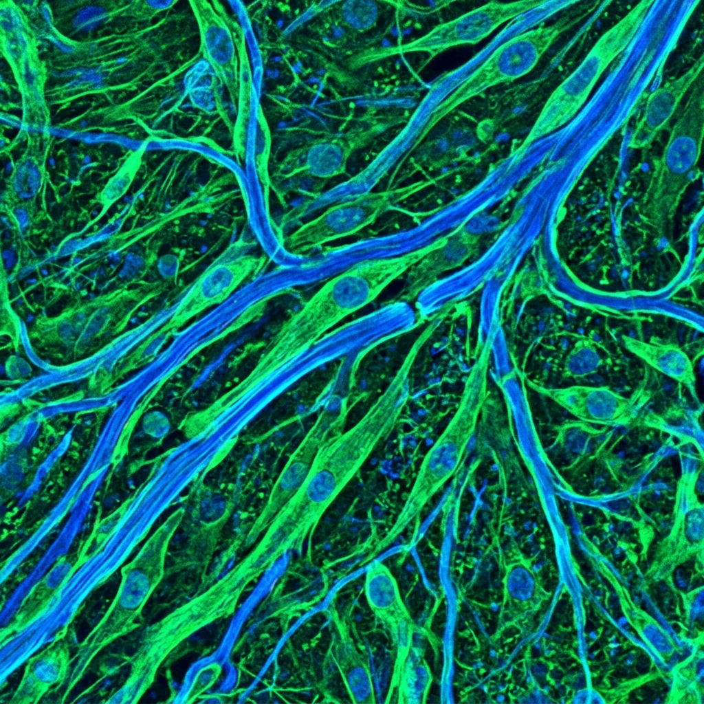 Microscopic view of neural cells and fibers in a biological research model