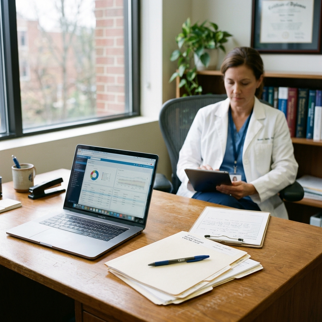 A clinical consultation desk with a doctor reviewing a tablet in the background