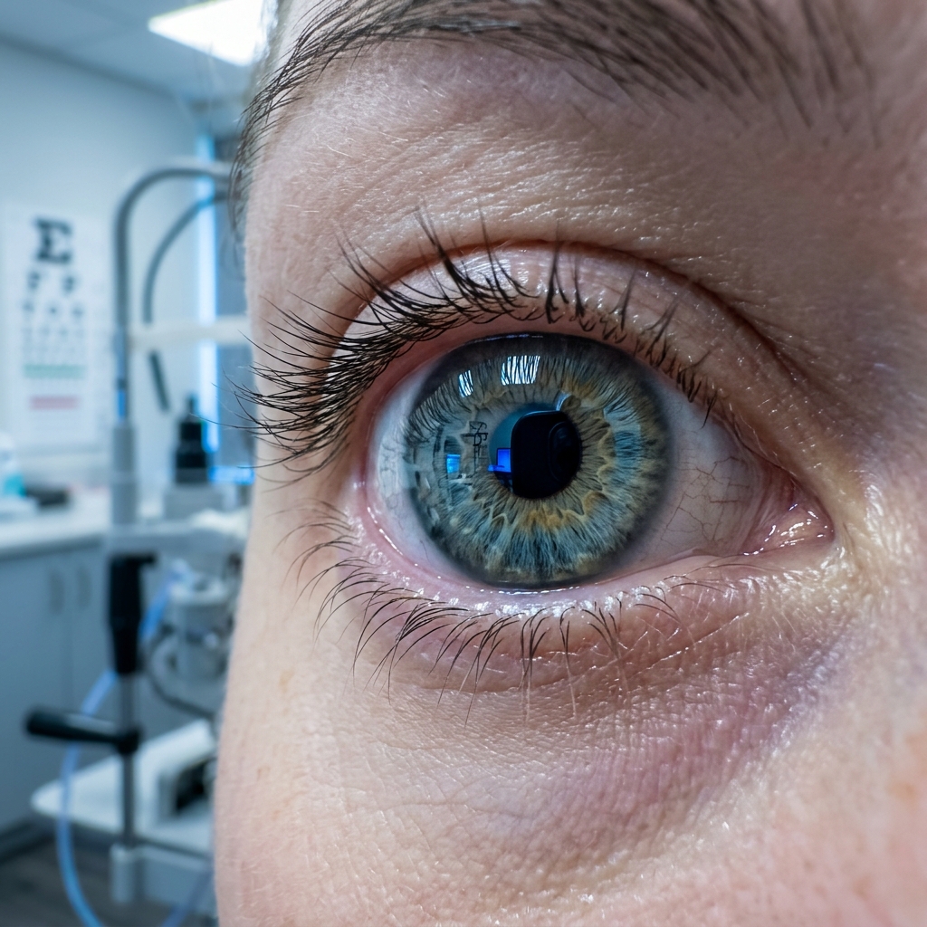Close-up of a human eye during an ophthalmology examination in a clinical setting