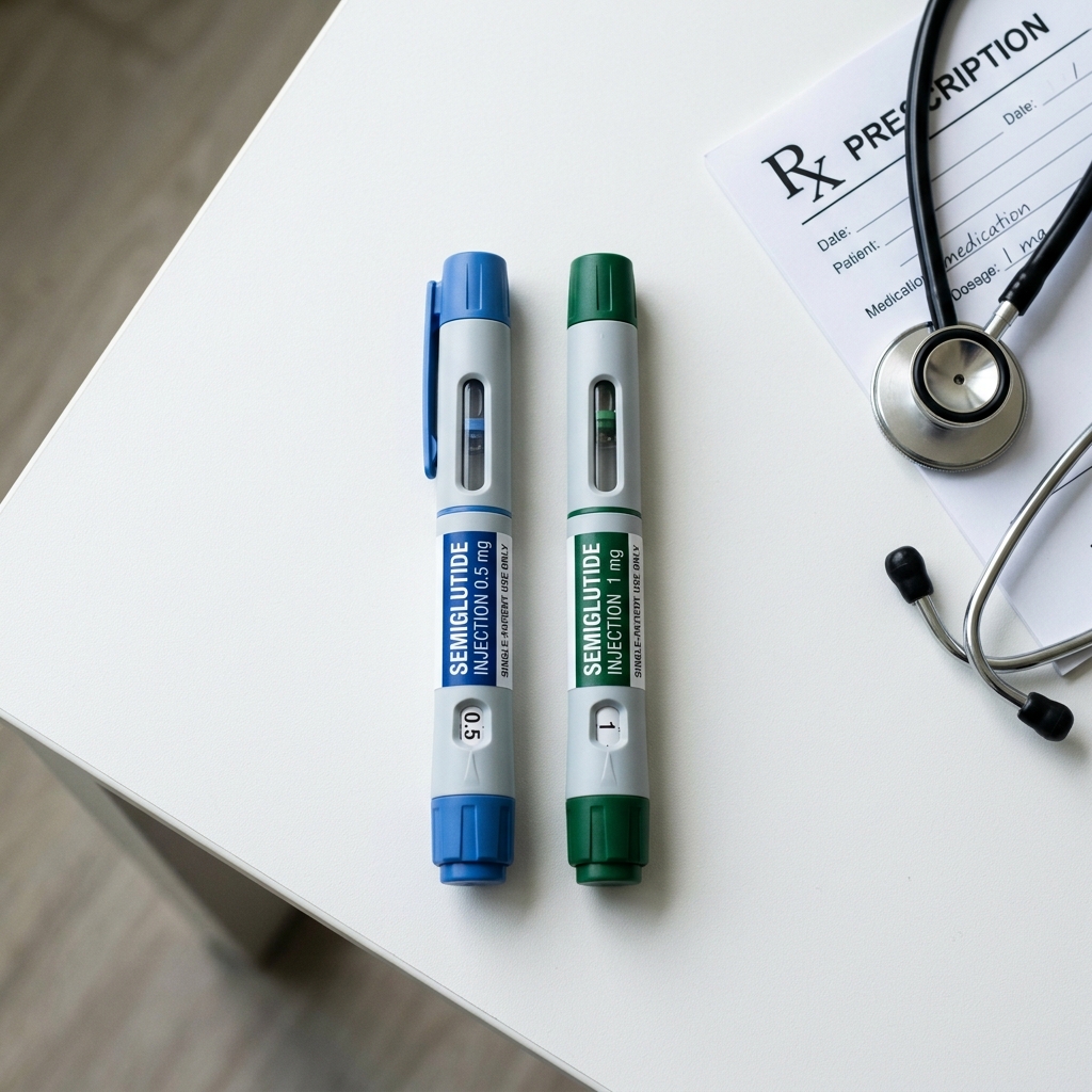 Two semaglutide injection pens side by side on a clinical surface with medical accessories nearby
