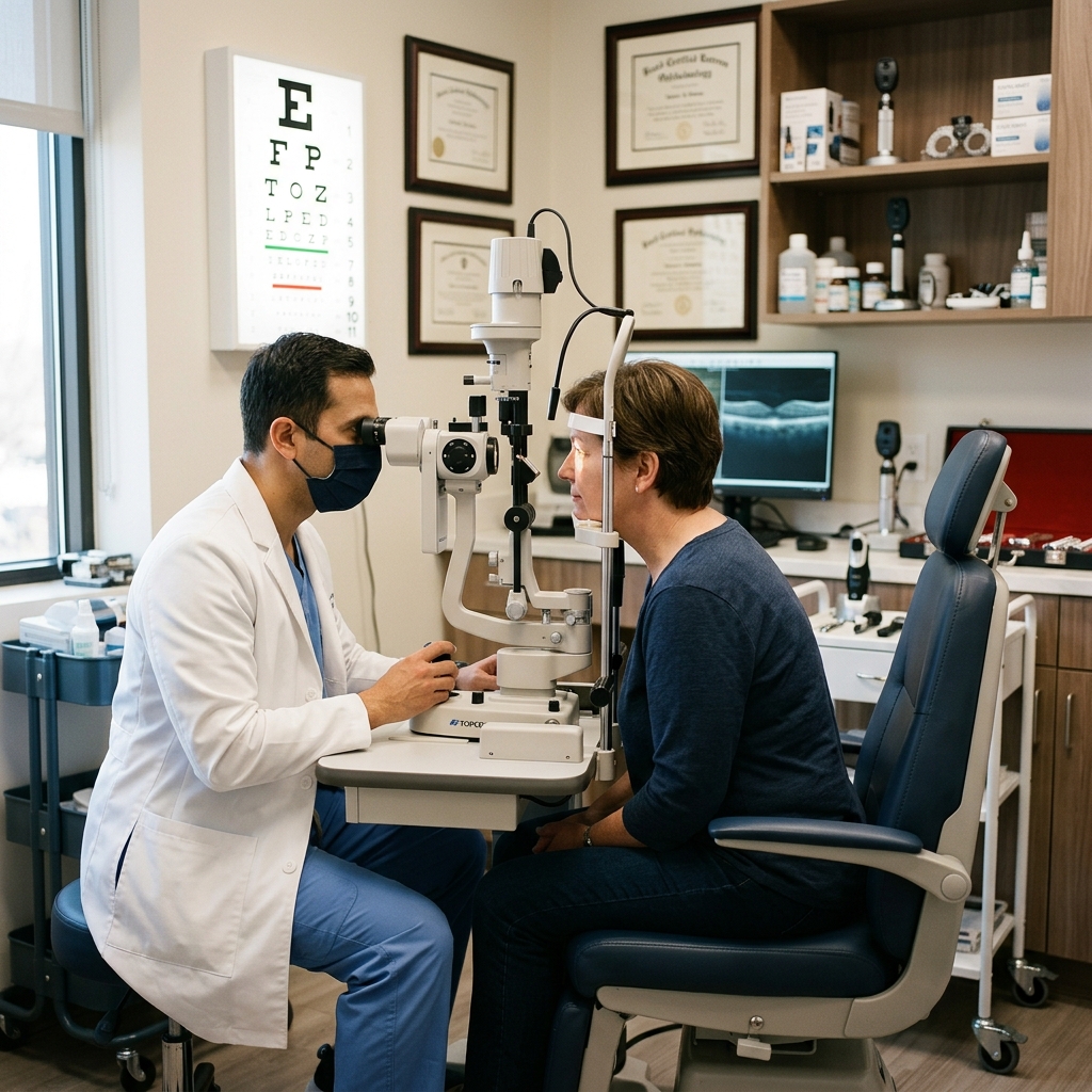 A patient undergoing an eye examination with a slit lamp in an ophthalmologist office